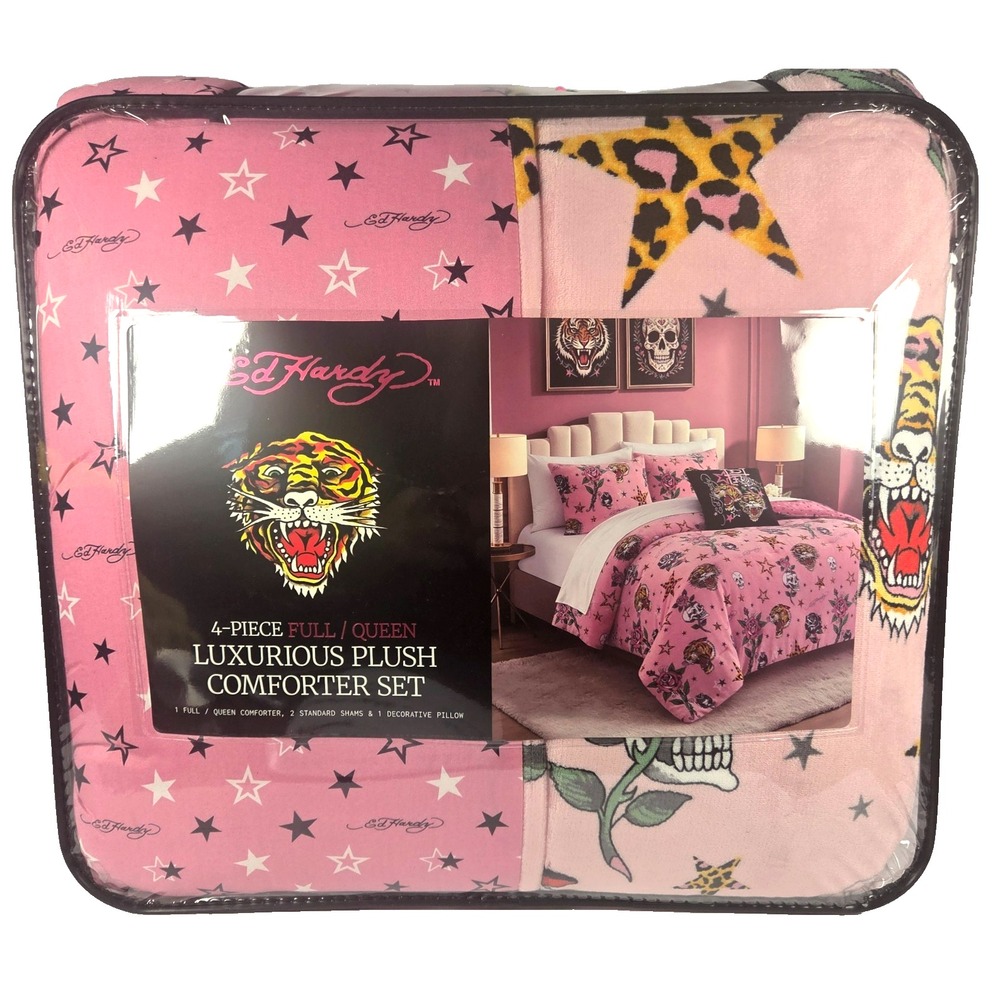 Ed Hardy Comforter Set Queen Full Pink Tiger Skull Rose Plush 4pc Bedding New